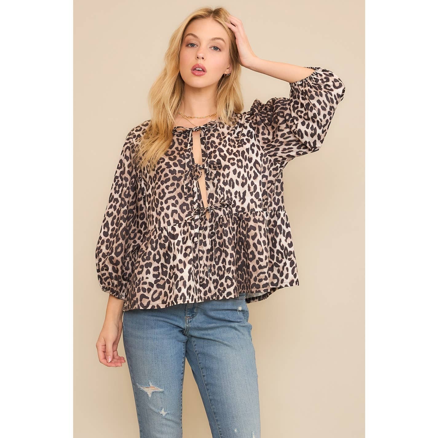 ANIMAL WOVEN PRINT OPEN FRONT BABYDOLL TOP BLOUSE WITH BOW D: Brown Multi