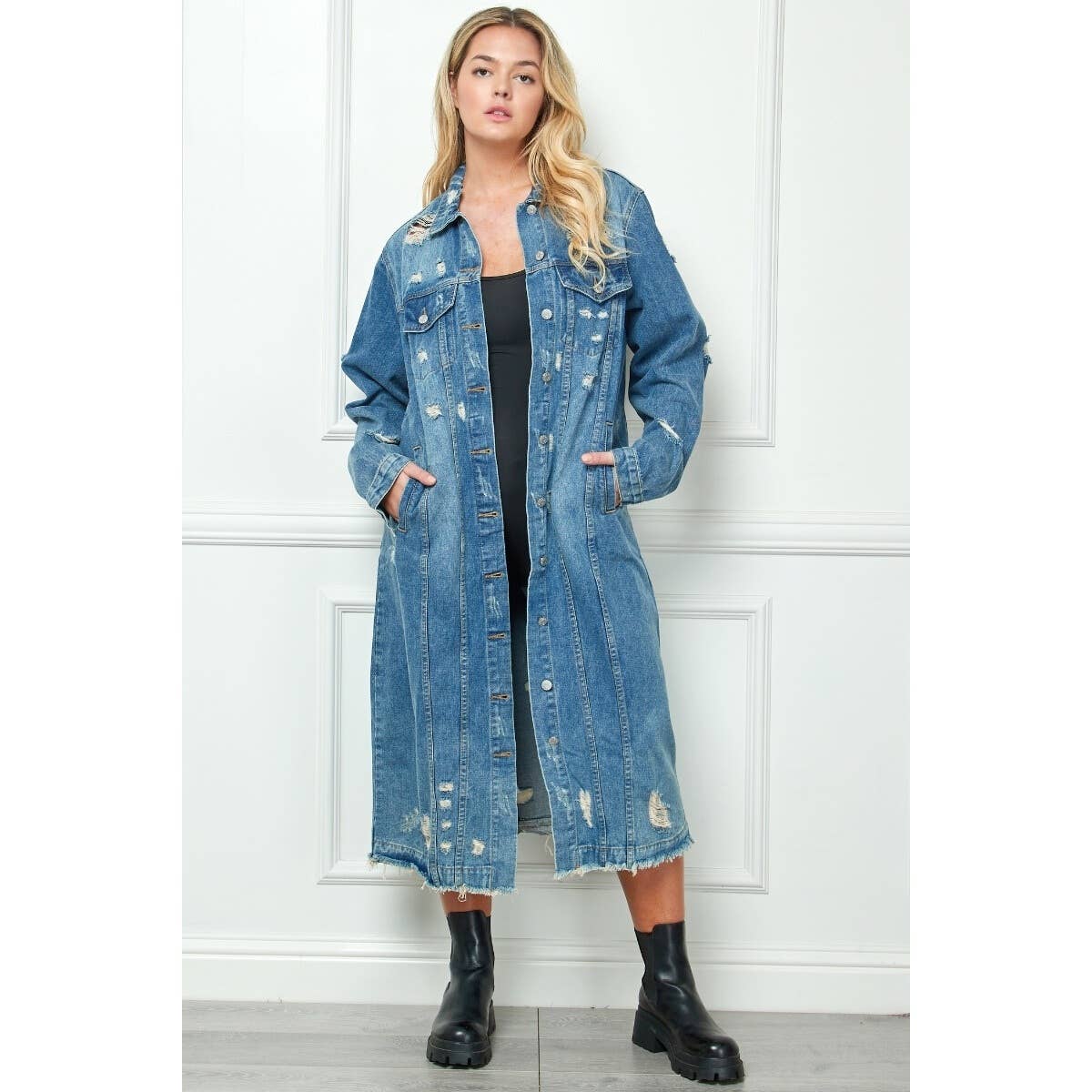 Plus Size Distressed Long Denim Jacket: Medium Wash