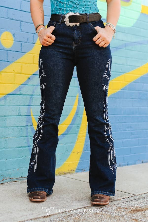 Dark Wash Tummy Control Boot Stitch Embroidery Jeans (32in)