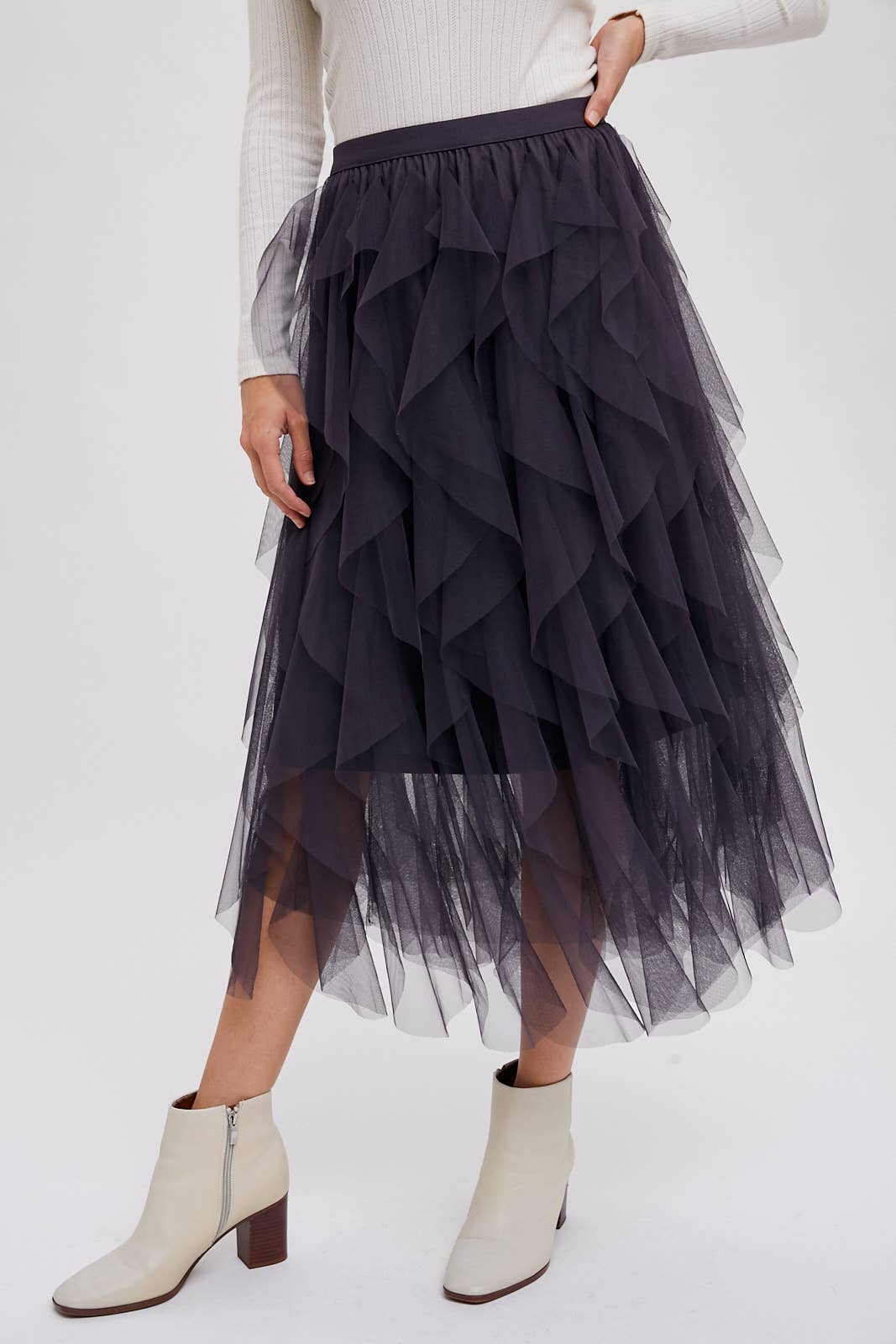 SPRIAL RUFFLED TULLE MIDI SKIRT