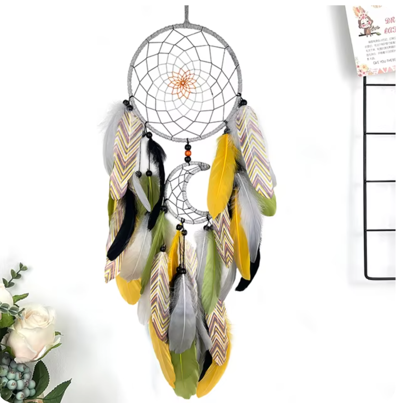 Festive Colorful Feather Dream Catcher: Grey