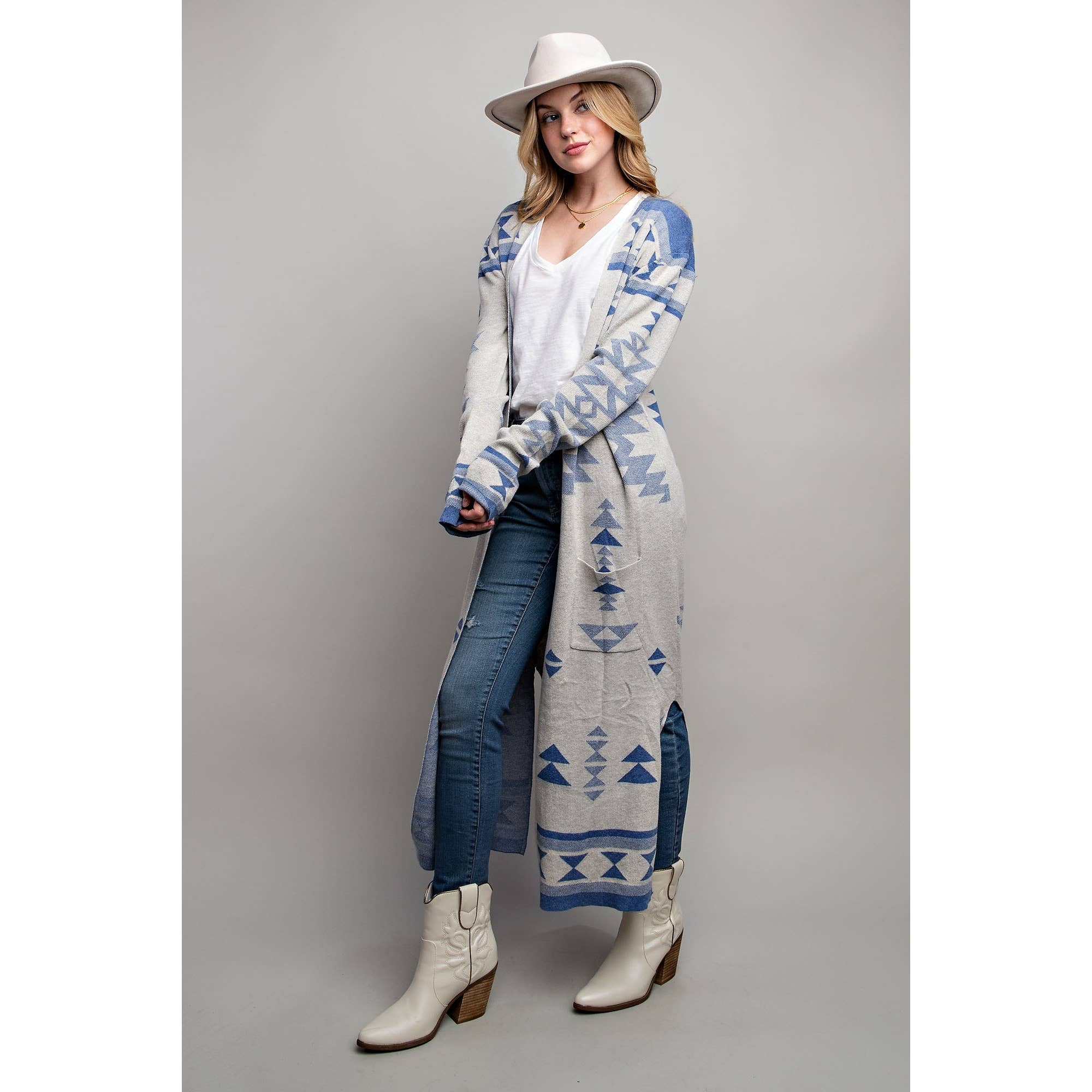 AZTEC PATTERN LONG CARDIGAN: Blue Multi