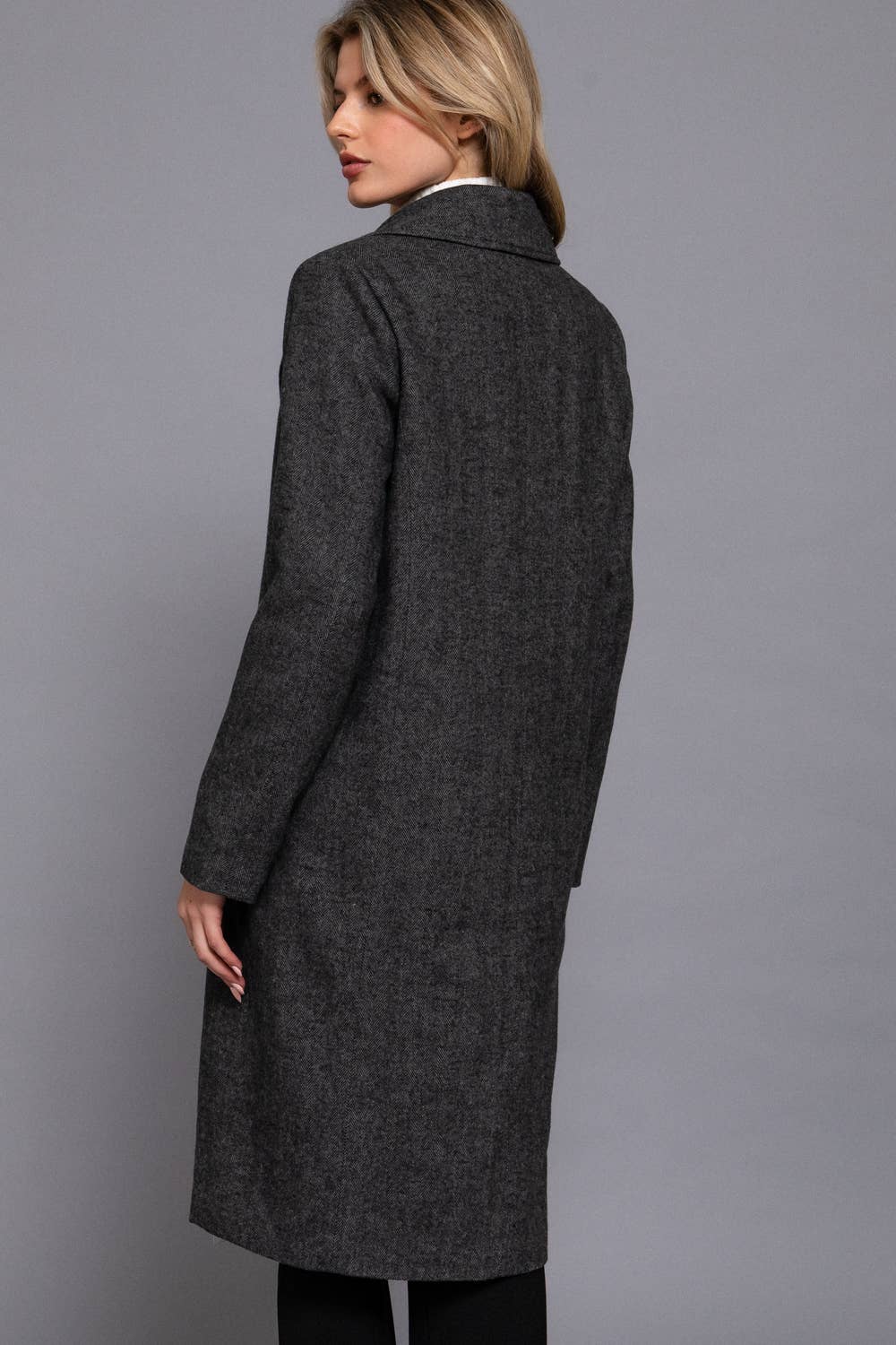 Herringbone Single Breasted Waist Fitted Long Coat: HCH-charcoal
