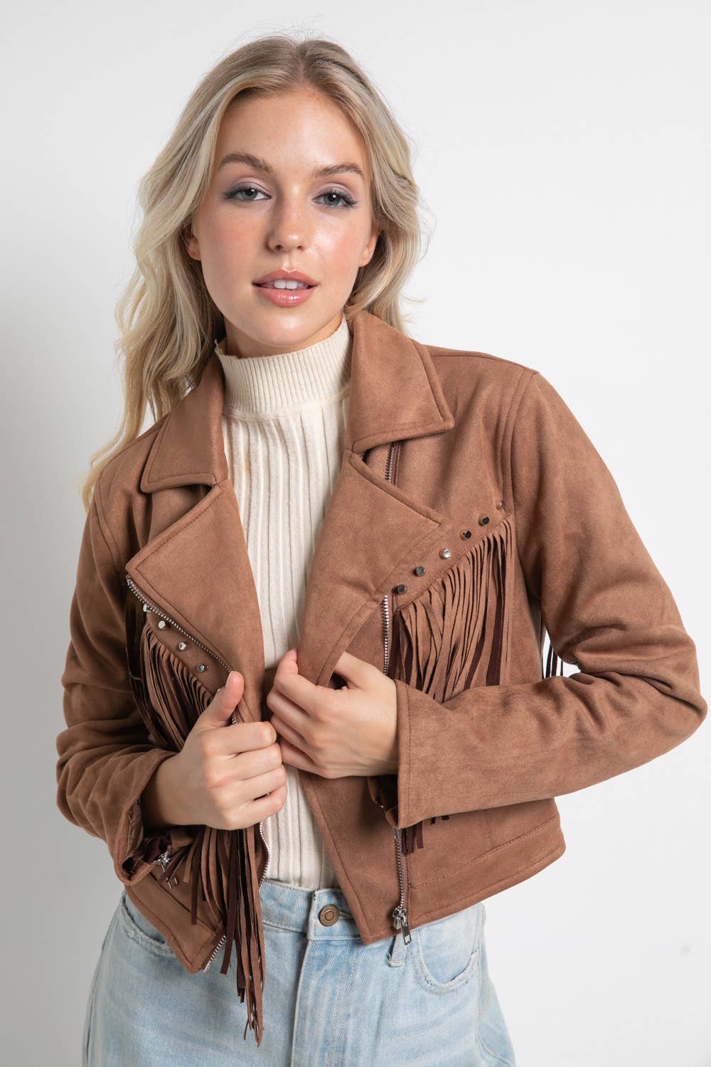 - Suede Studded Fringe Moto Jacket: