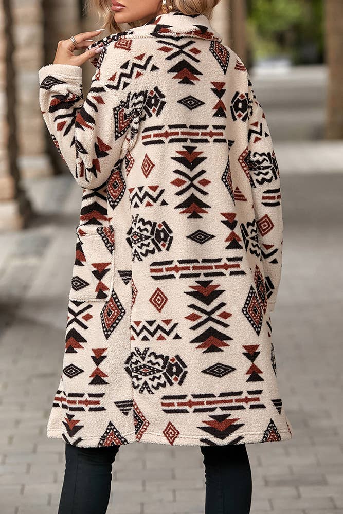 Aztec Print Button Up Long Length Fleece Jacket SR064: Apricot