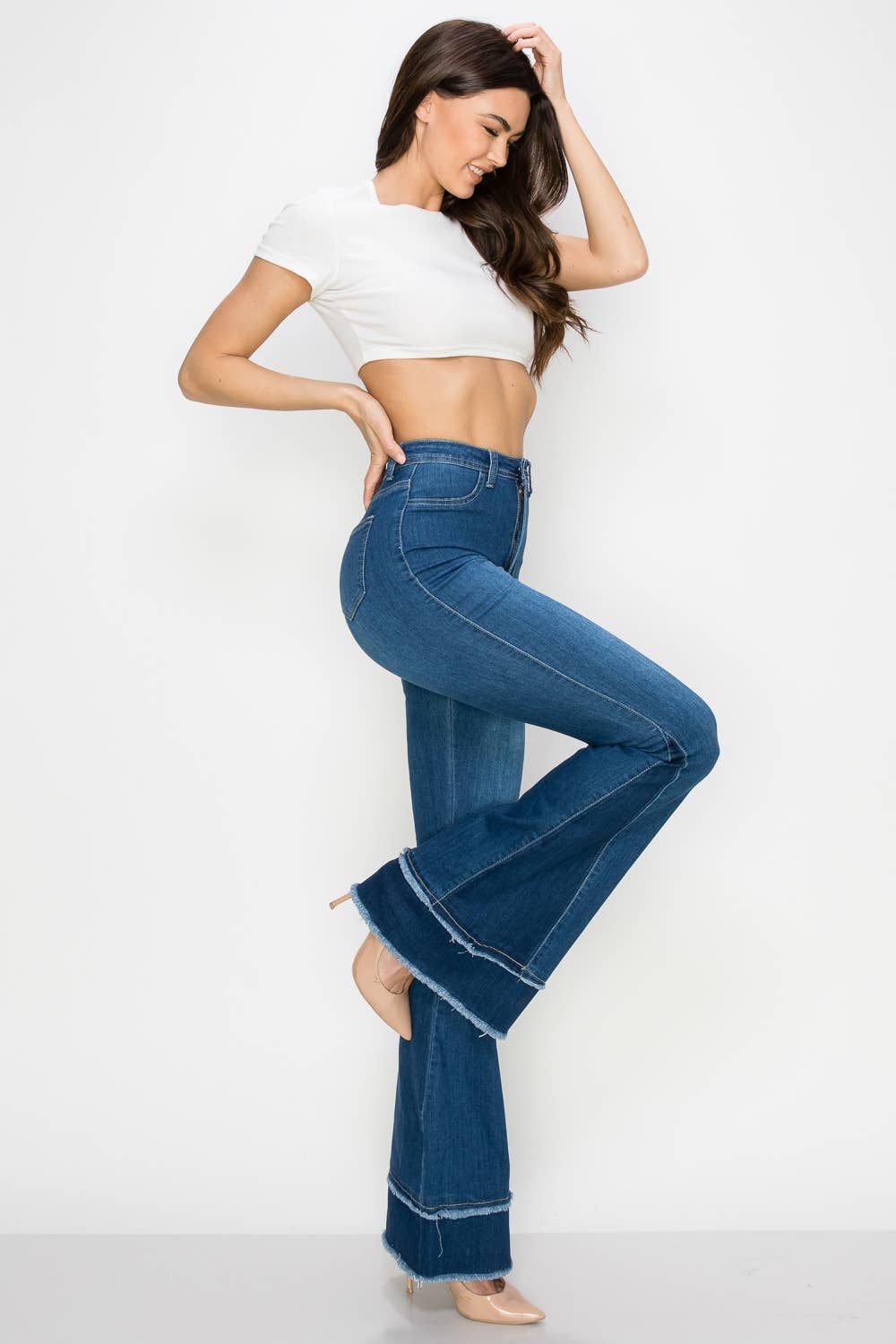 STRETCHY FLARE JEANS JZ-048 049 : MID BLUE