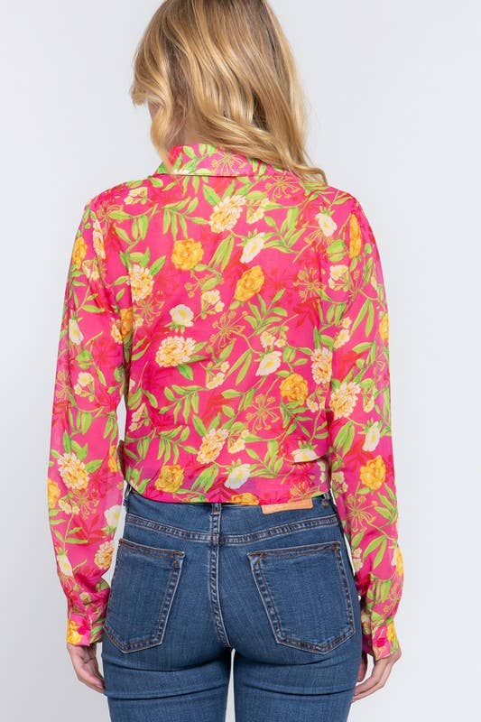 Surplice Floral Print Chiffon Blouse: Hpk-Fuchsia