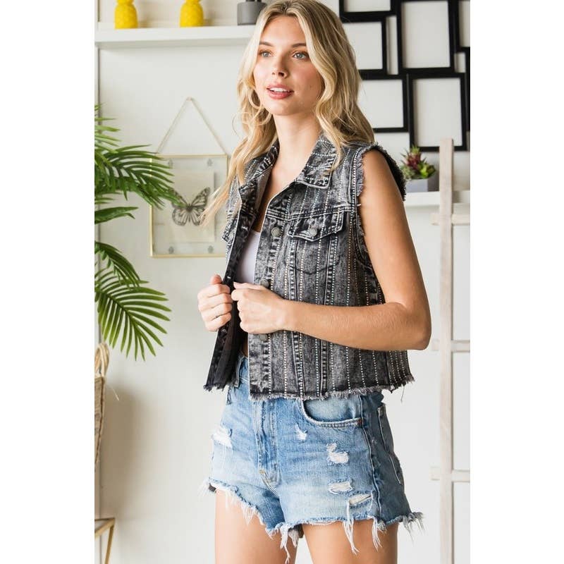 Rhinestone Color Denim Vest: Black Wash