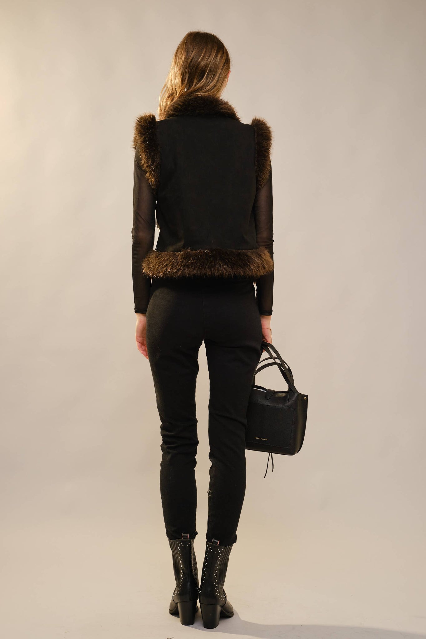 91718V Embroidered Suede Vest With Fur Trim: BLACK