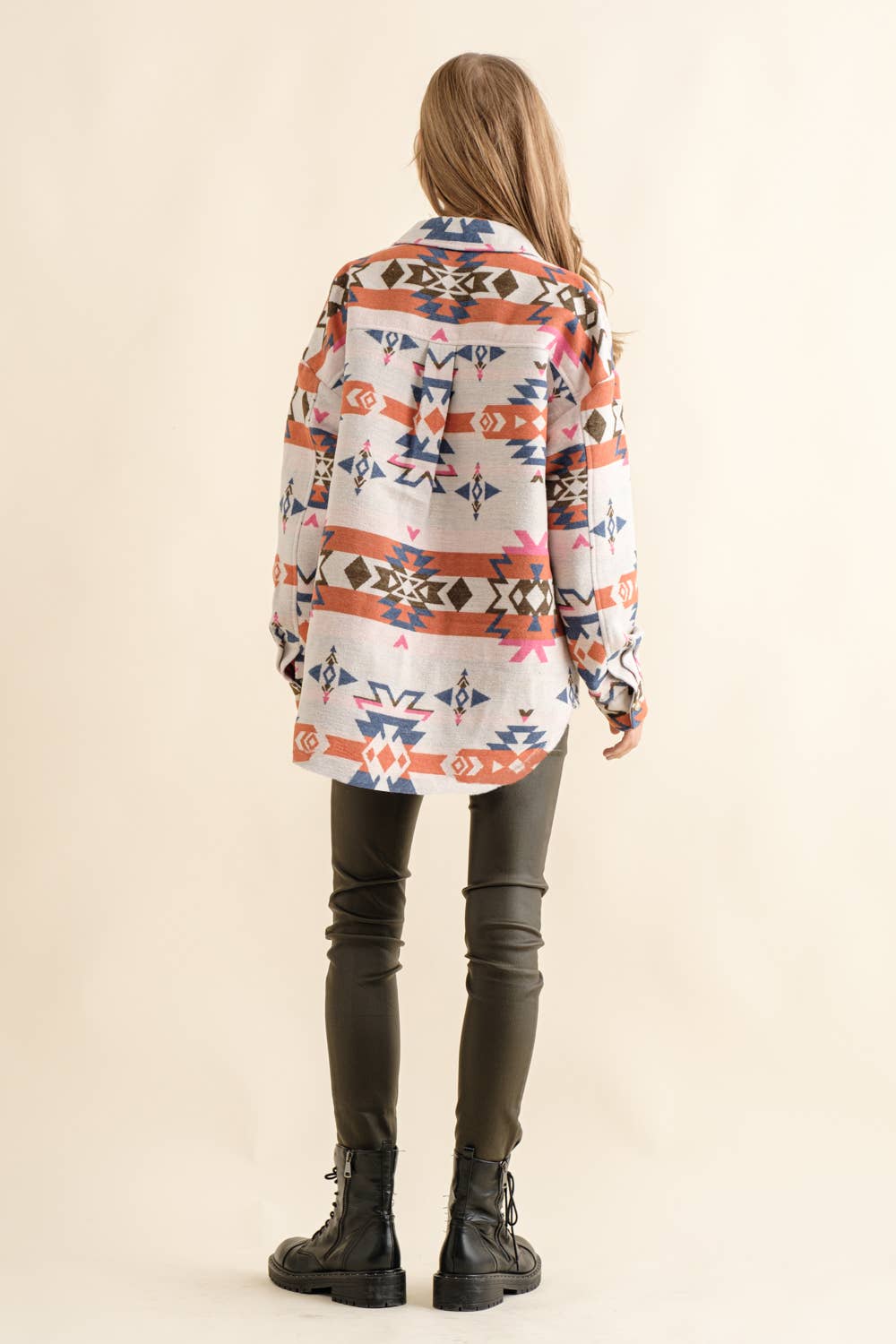 32652J - Jacquard Aztec Western Shirt Jacket: ORANGE