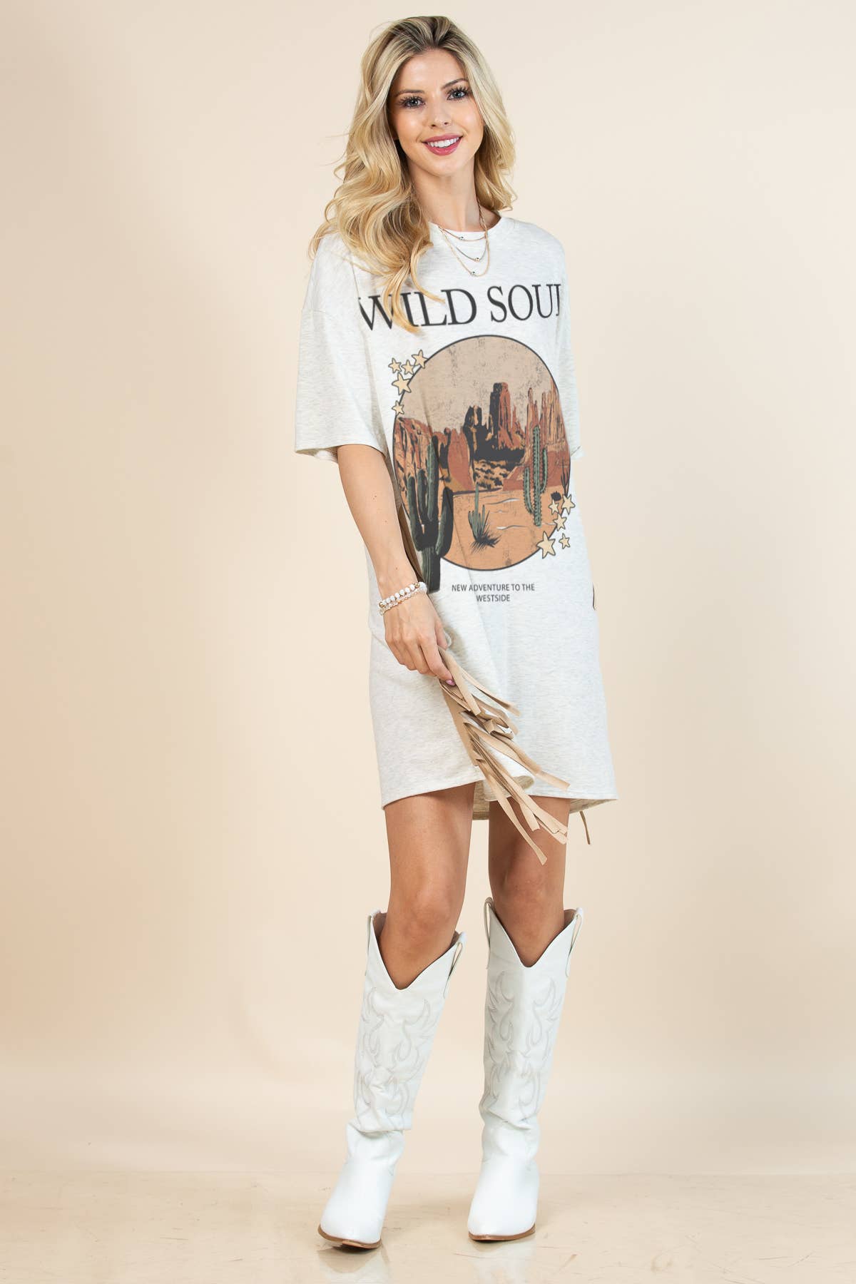 D1593-5234-Gaia Western Wild Soul Print T Shirt Dress: Beige
