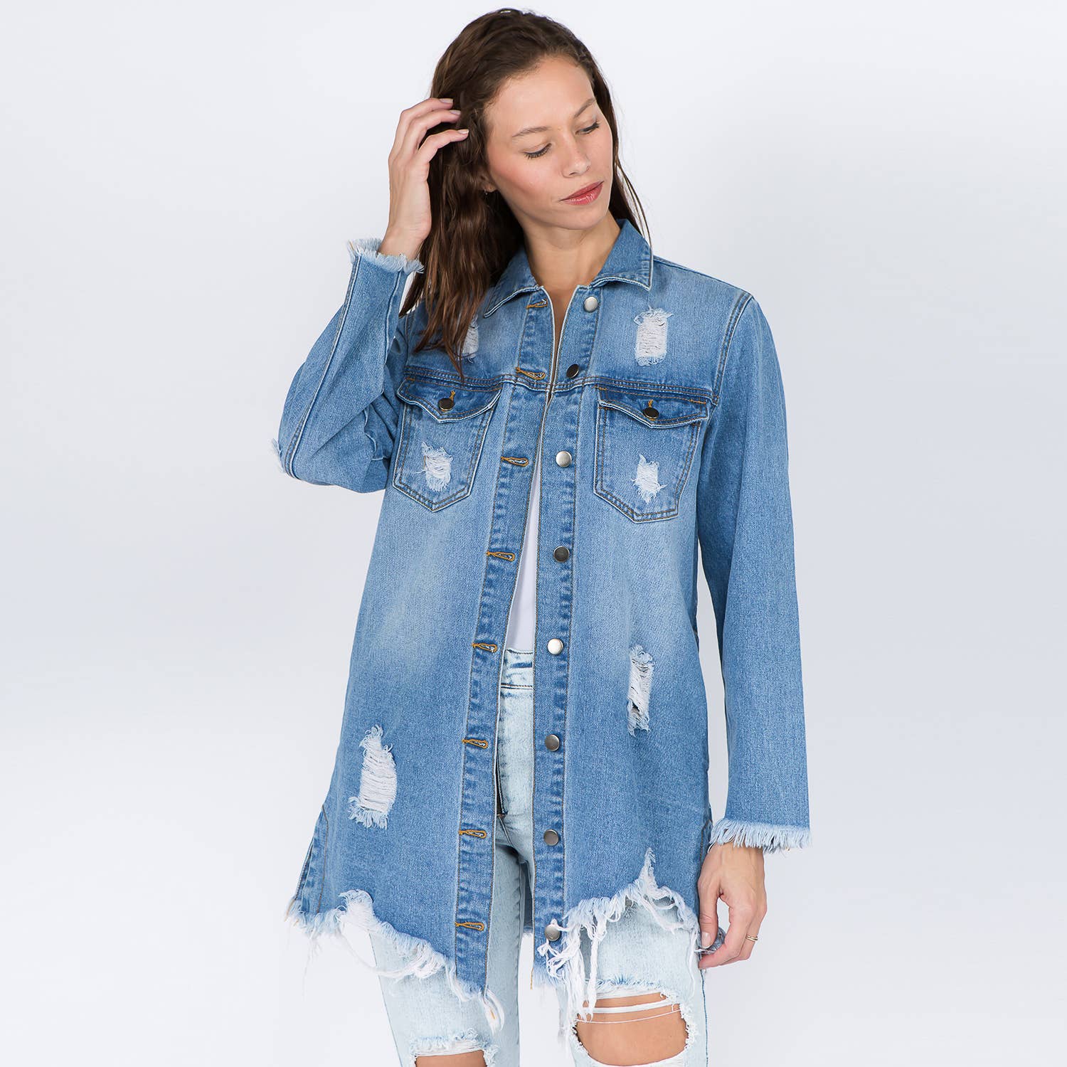 DISTRESSED DENIM SHIRT STYLE JACKET-RJK3661: LIGHT BLUE / L