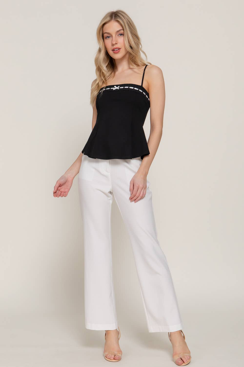 Straight Neckline with Lace Bow Ponte Cami Top: BLK