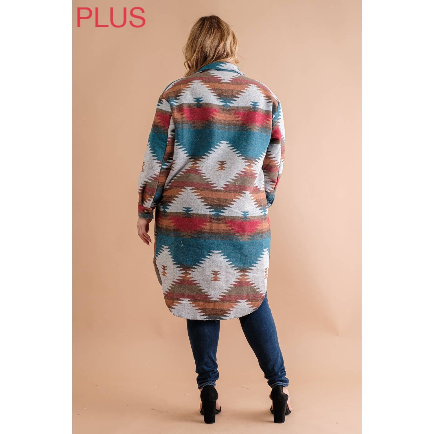 PLUS LONG TRIBAL AZTEC BUTTON DOWN SHIRT JACKET SHACKET: Rust / Turquoise