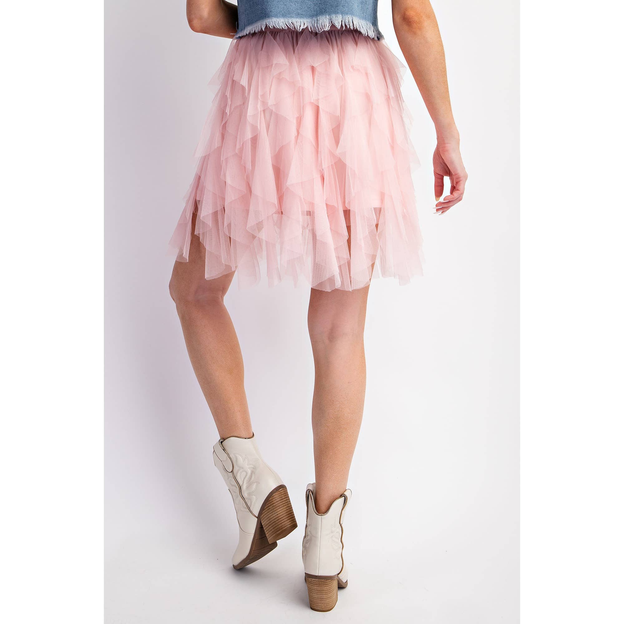 CASCADING TULLE MESH LAYERED MINI SKIRT: