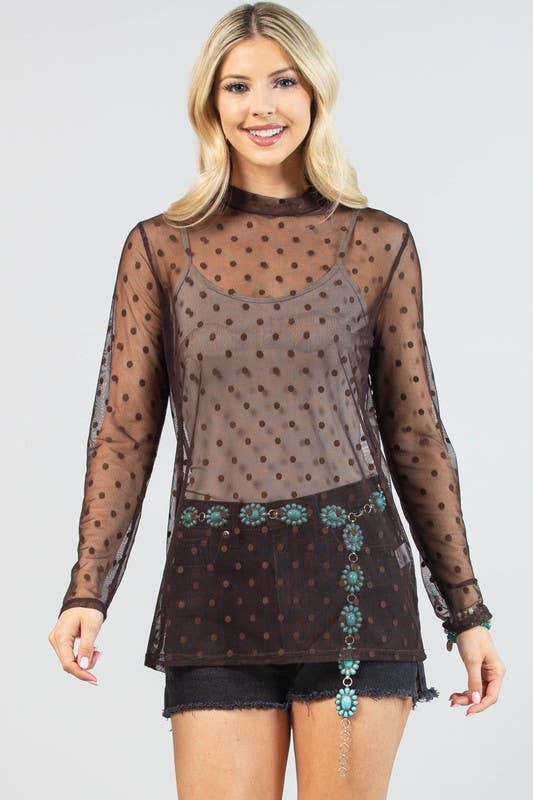 AV1276-POLKA TOP SHEER MESH TOP: Brown