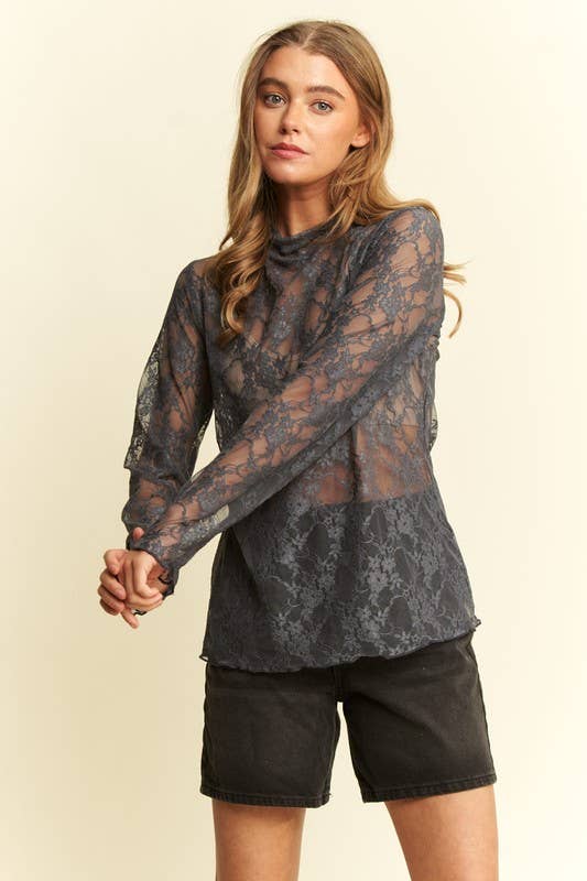 Floral Print Lace Long Sleeve Top KRT1739: CHARCOAL