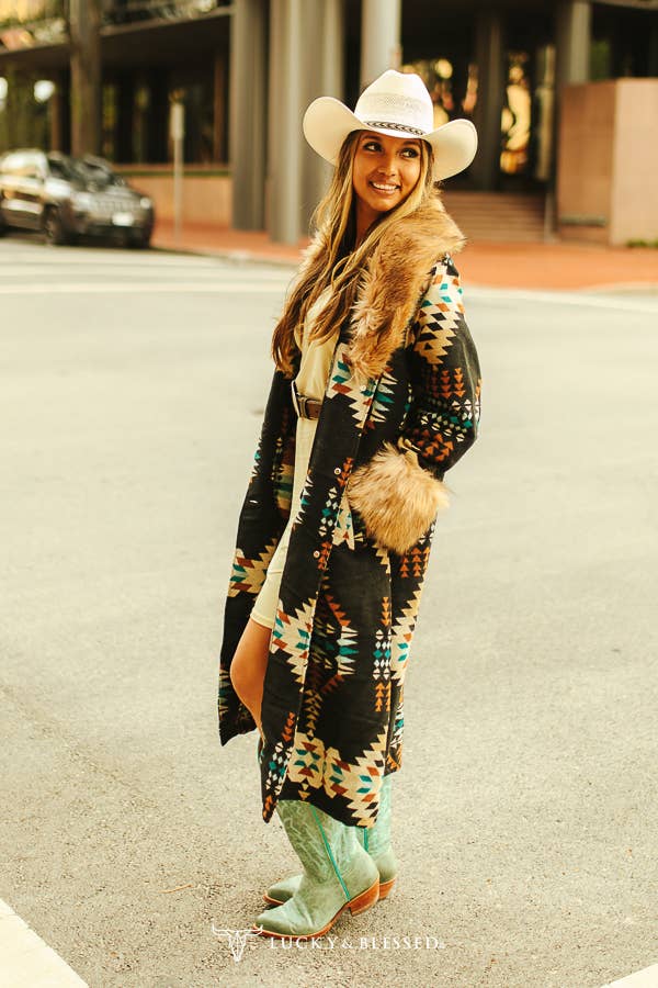 Black Aztec W Fur Collar And Sleeves Hem Long Coat