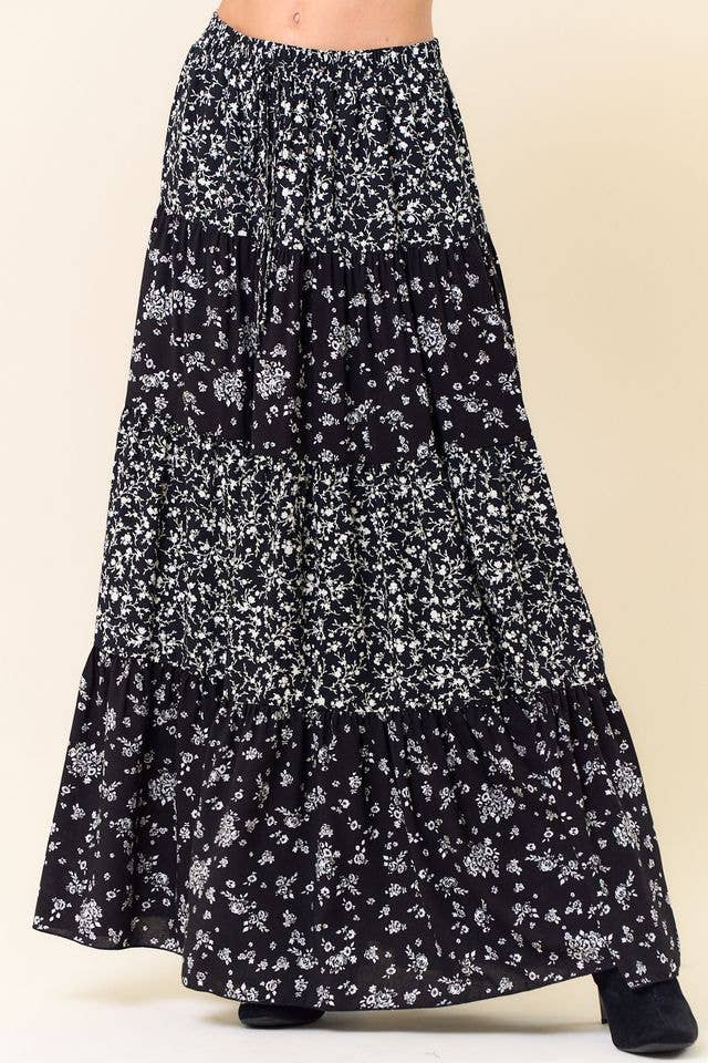 MIXED MEDIA TIERED MAXI SKIRT WITH POCKETS