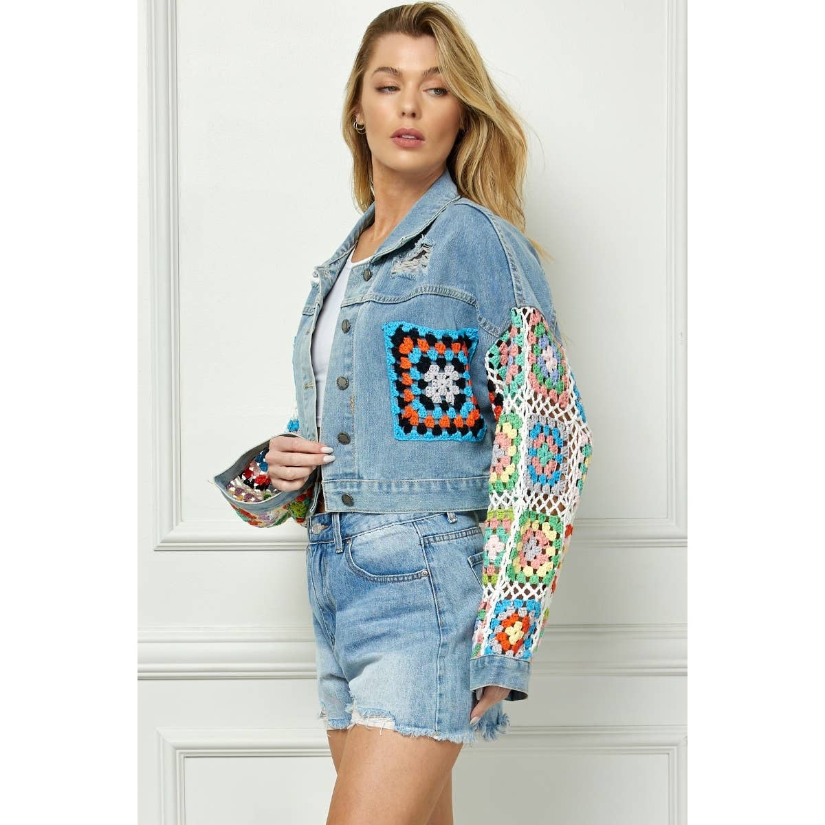 Crochet Contrast Sleeve and Pocket Denim Jacket: Med Wash