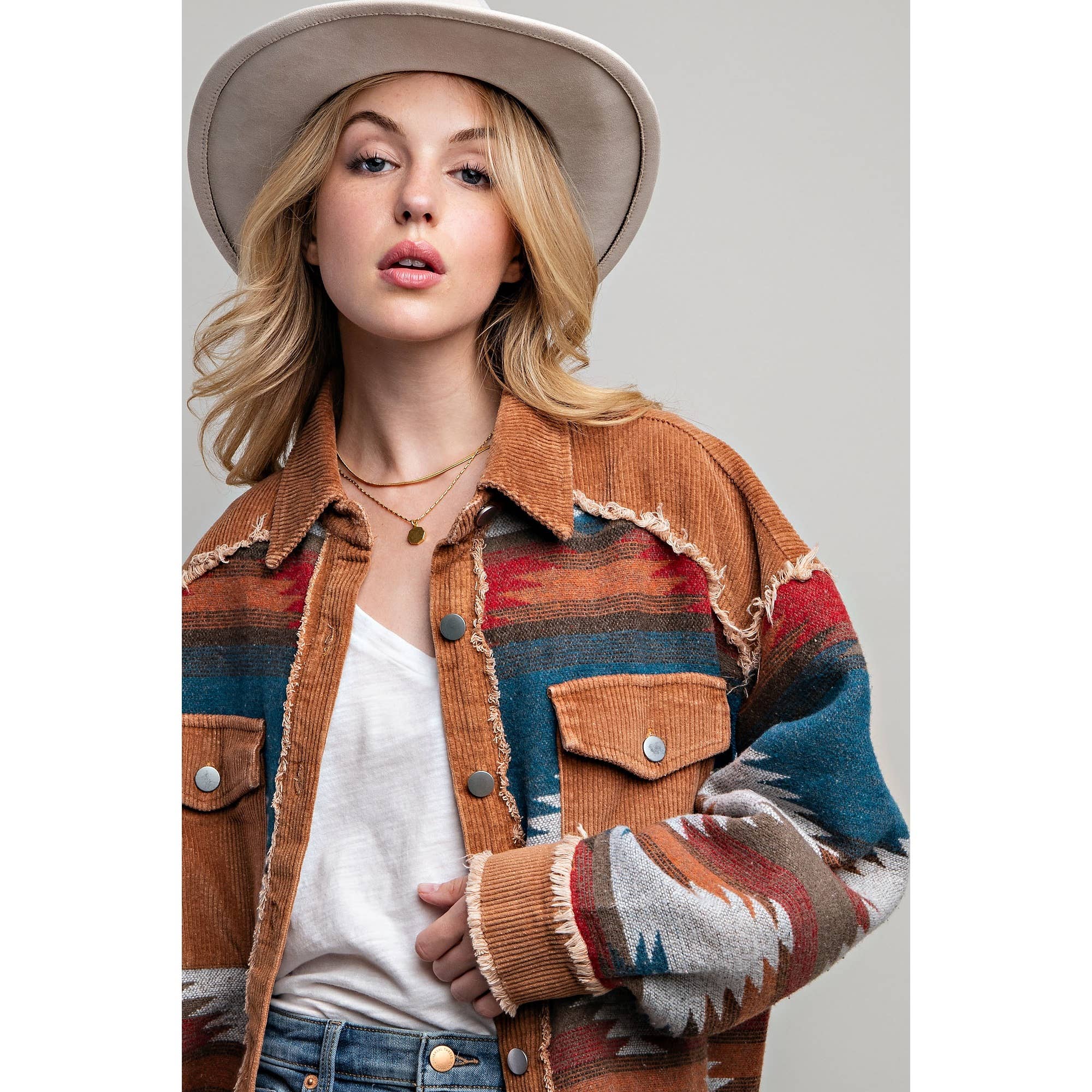 TRIBAL AZTEC PATTERN COLORBLOCK BUTTON DOWN SHIRT JACKET: