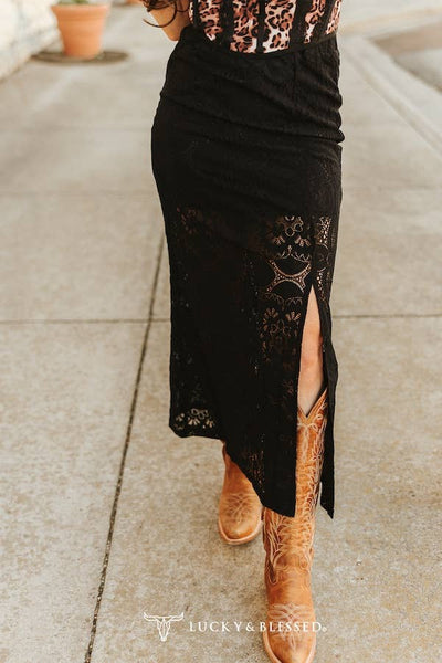Black Lace Lined Slit Hem Maxi Skirt: