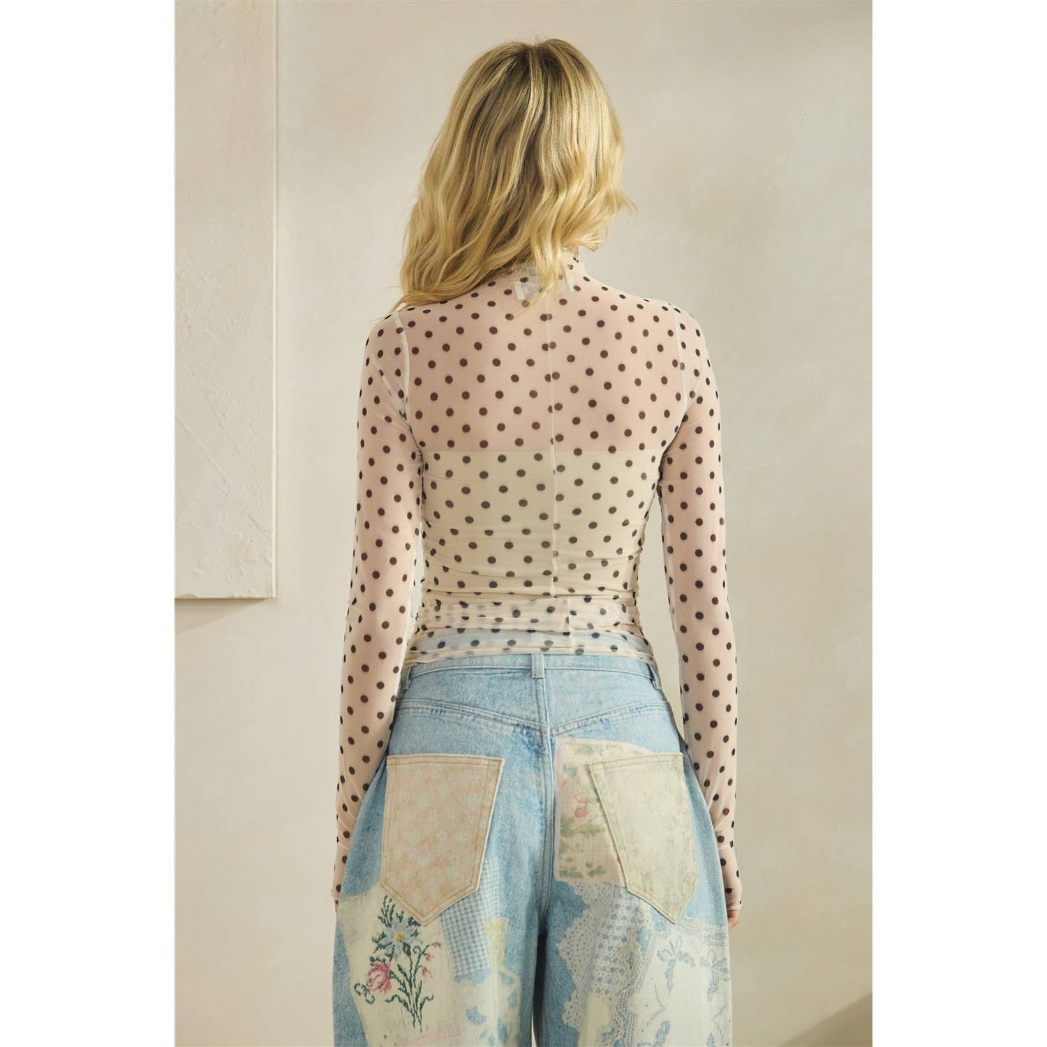 Lace Long Sleeve See Through Top: Ivory Polka Dot