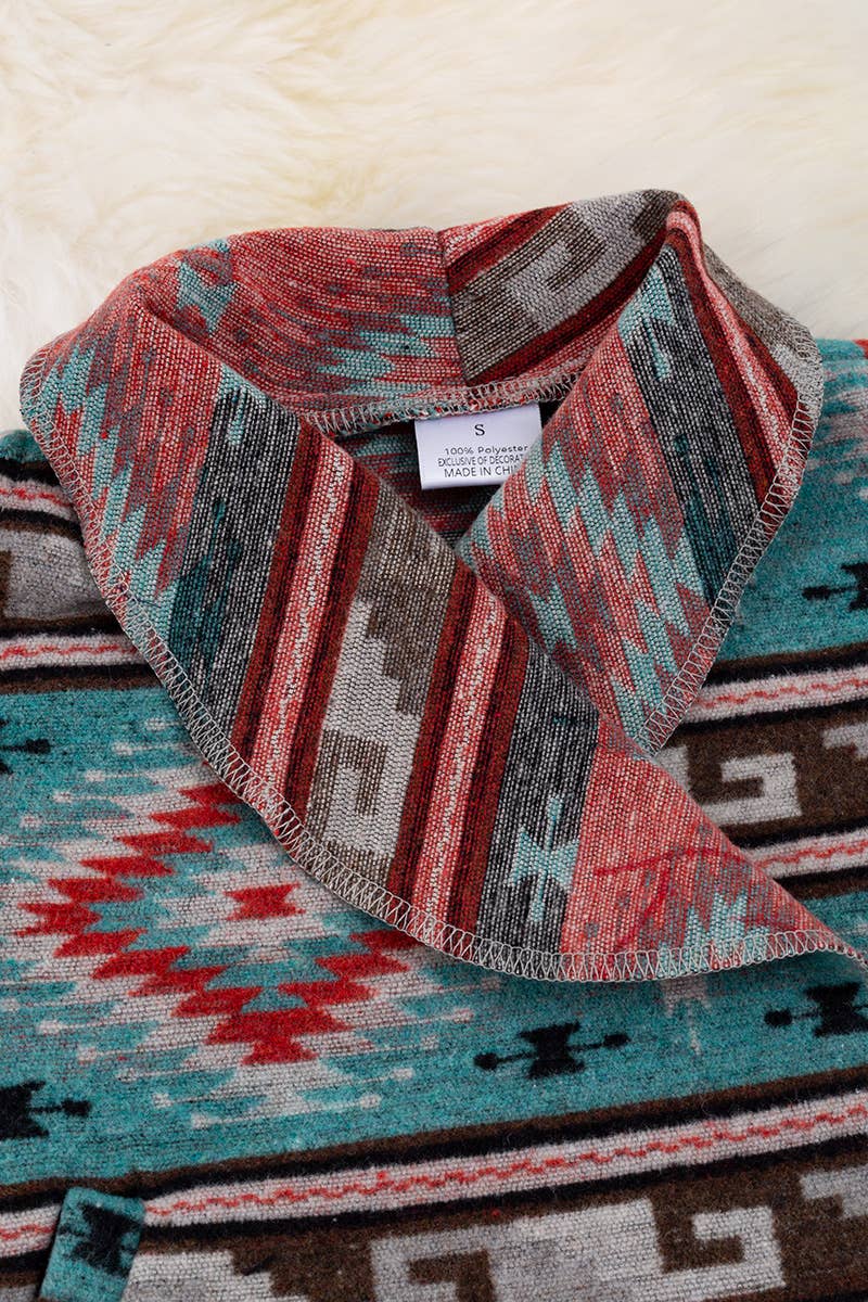 (GIRLS) TEAL AZTEC PRINTED CARDIGAN.