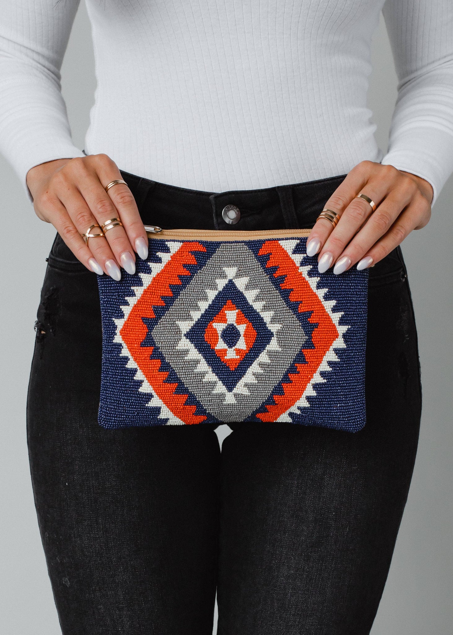 Blue, Orange & Cream Aztec Wristlet