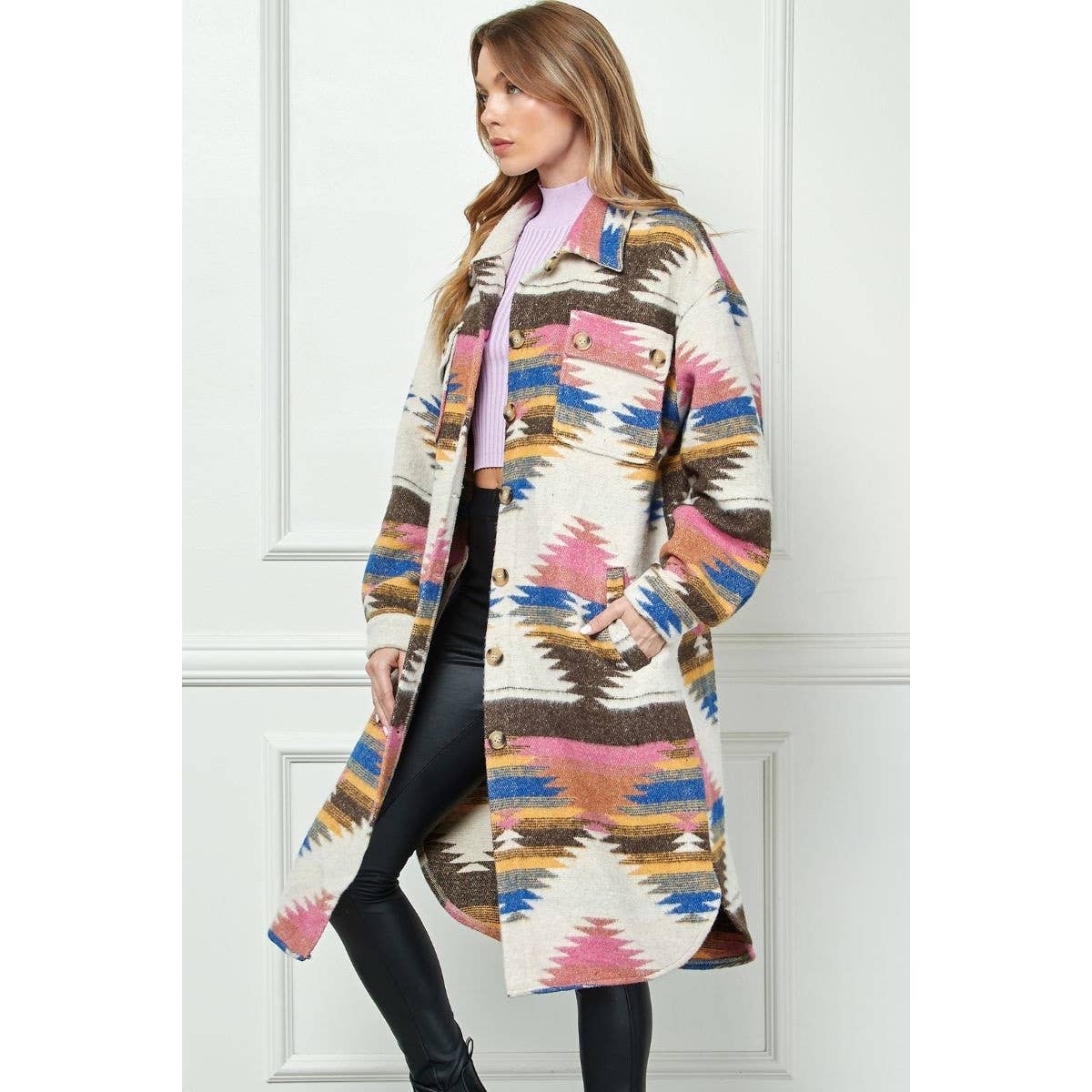 Vintage Ethnic Print Long Jacket: Pink Combo