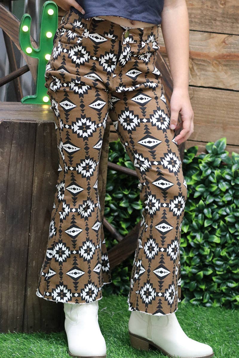 Brown aztec printed bootcut denim pants. PNG25153091 amy: Brown aztec
