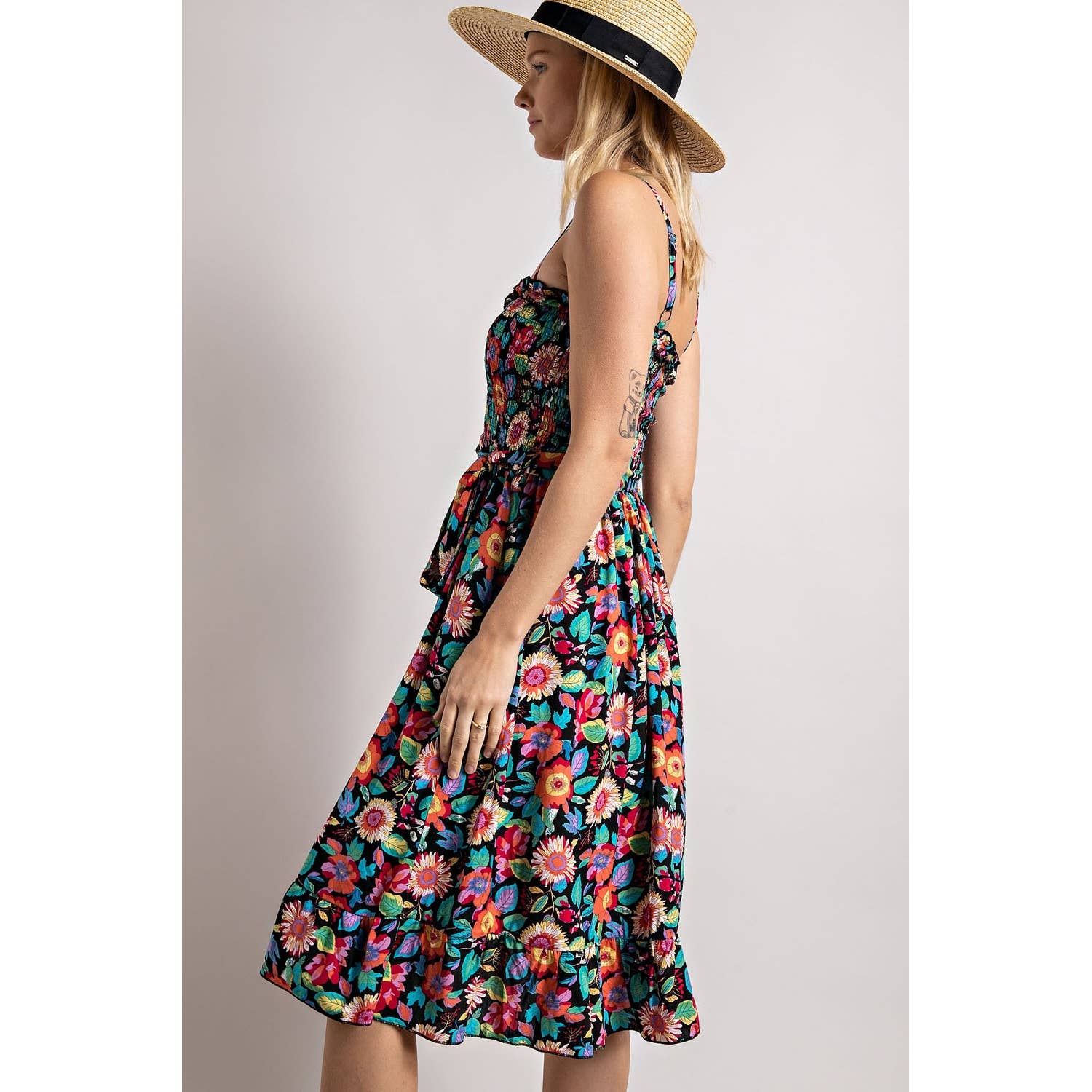 FLOWER PRINT SMOCKING DRESS: Black Combo