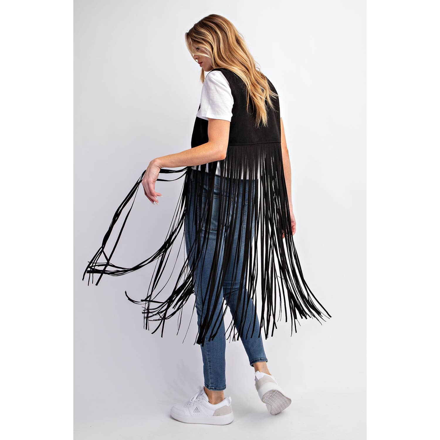 SUEDE STUDDED DETAIL FRINGE HEM VEST: Black