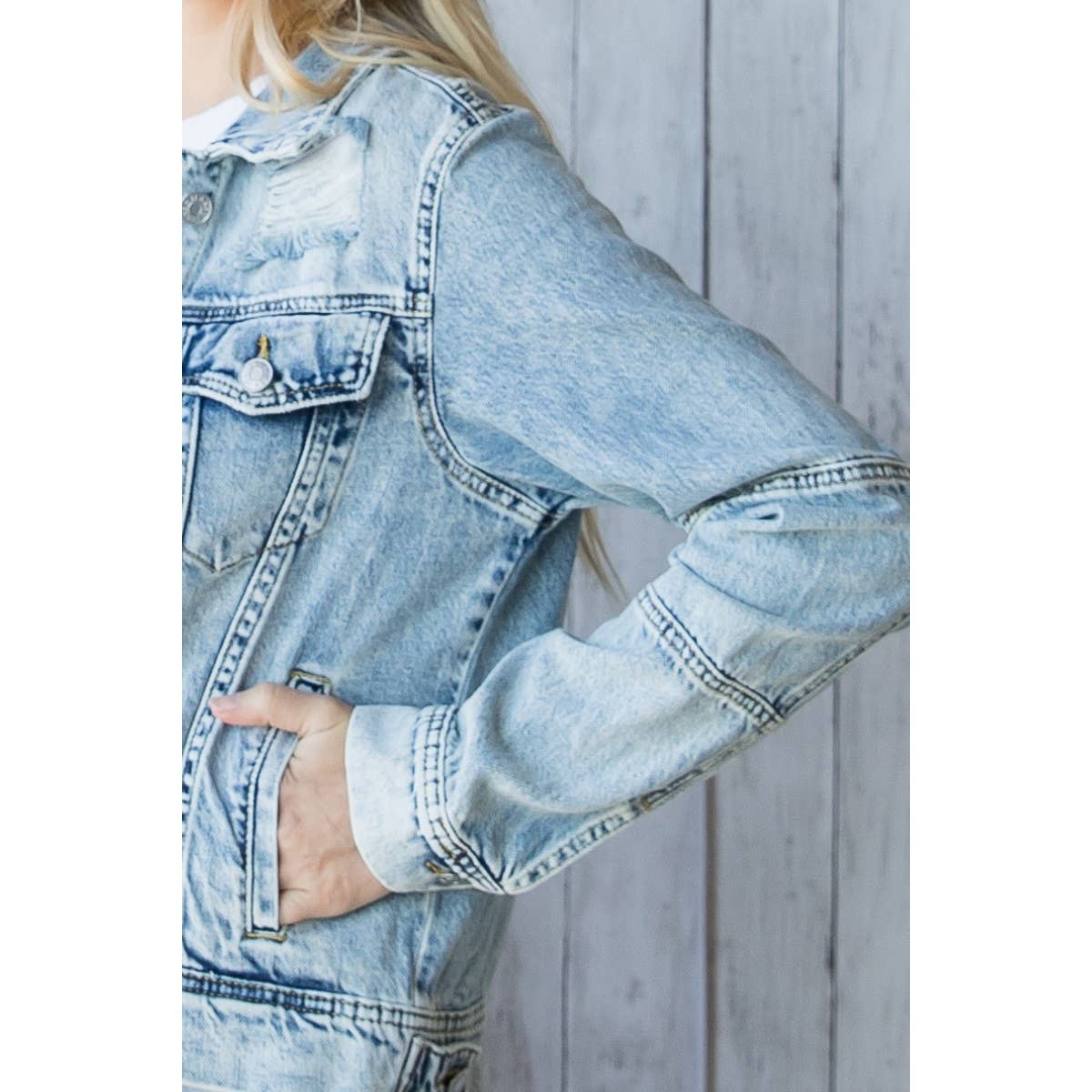 Cropped Denim Jacket with Asymmetric Seam: Med Wash