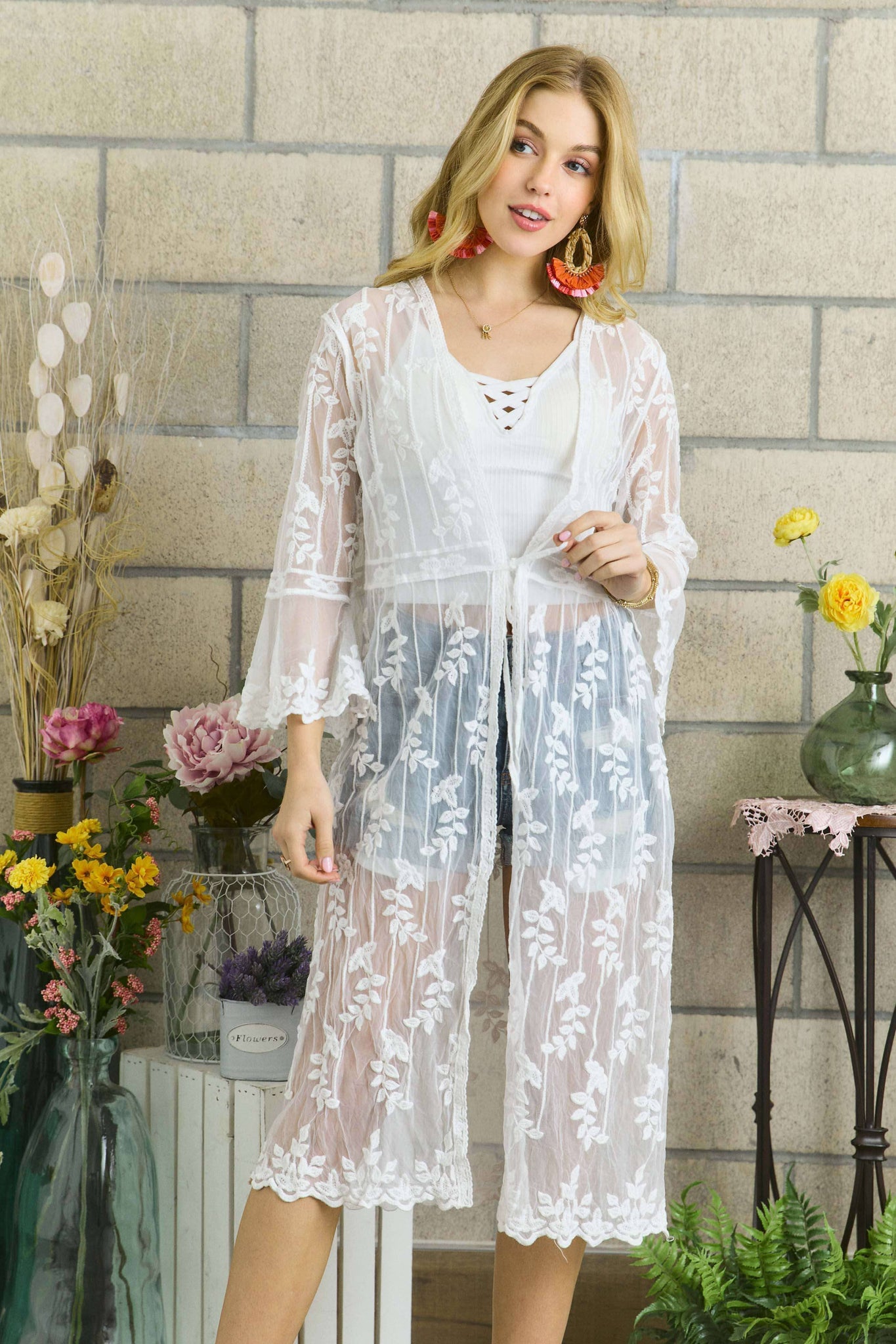 CEJ2136A - LACE & CROCHET SLEEVE LONG KIMONO: WHITE