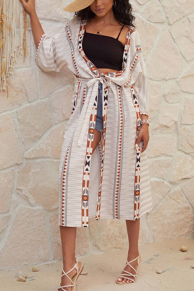 Aztec Geometric Print Long Open Kimono ZK1492: White / One Size