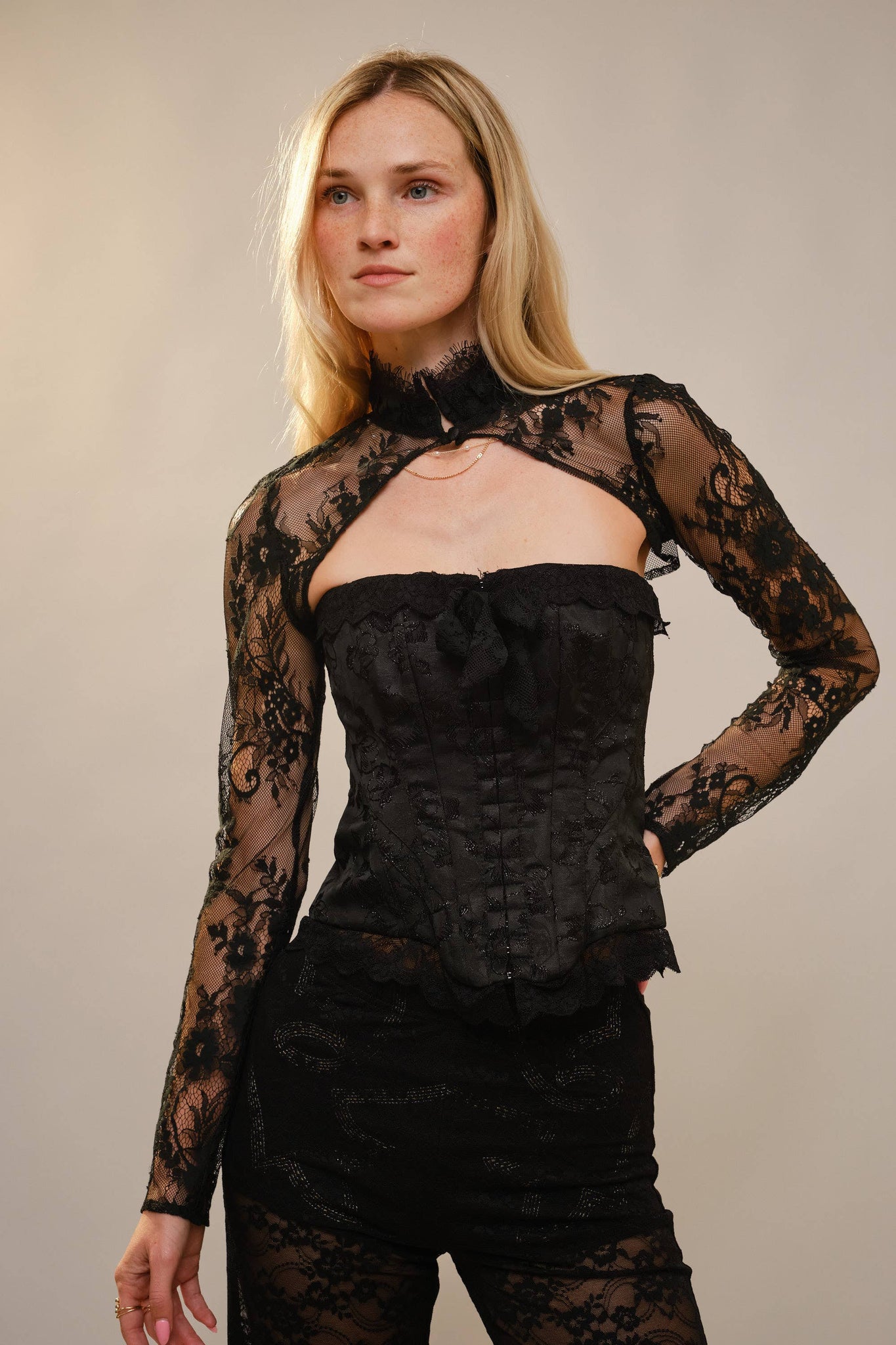 23741SET Lace Bow Front Corset & Bolero Set: BLACK