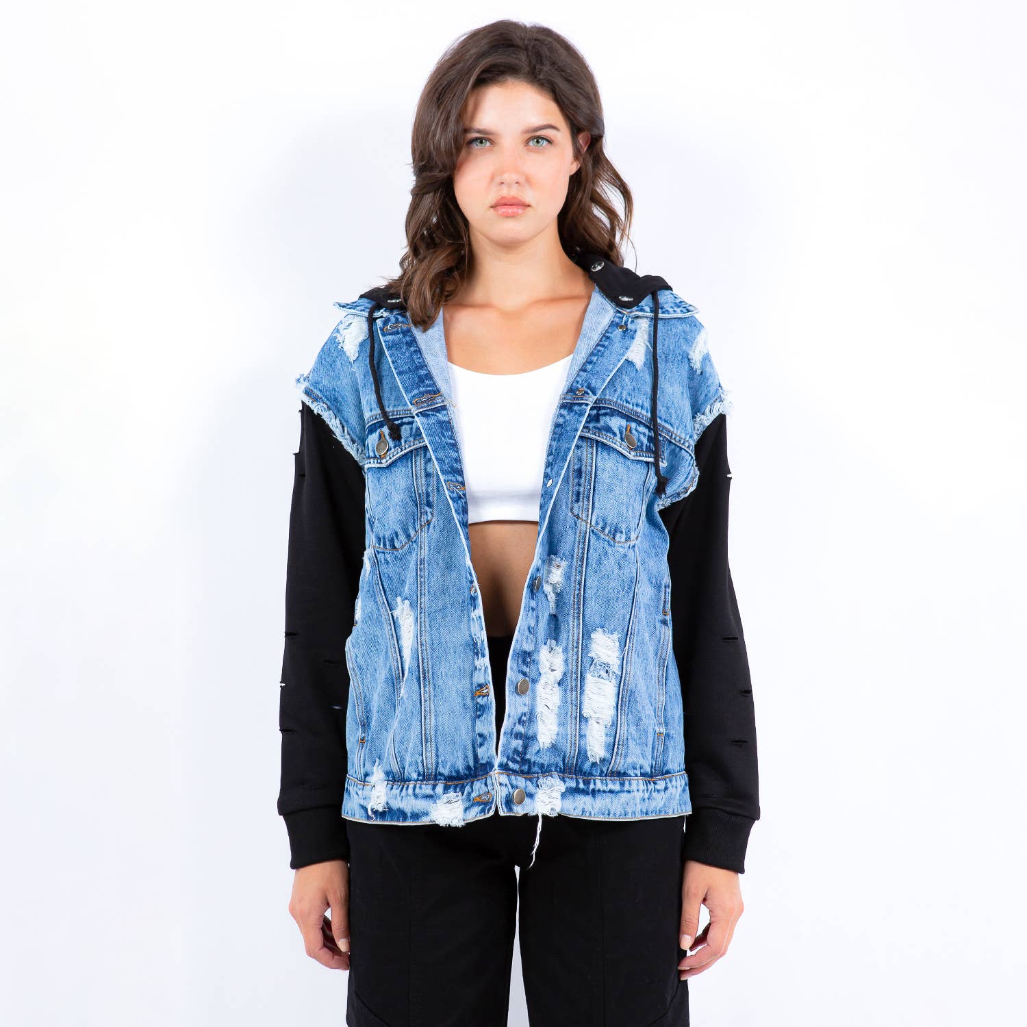 HYBRID HOODIE DENIM JACKETS-RJK9243: BLUE/BLACK