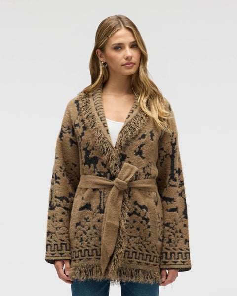 B1284NVL - Eyelash SB Fringe Wrap Coatigan with Boho Print