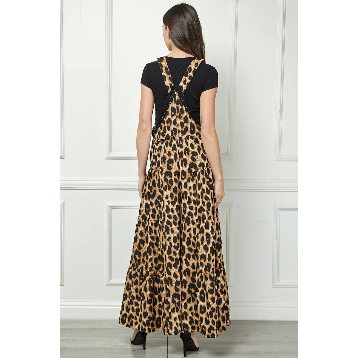 Embroidered Strap Flowy Jumpsuit: Leopard