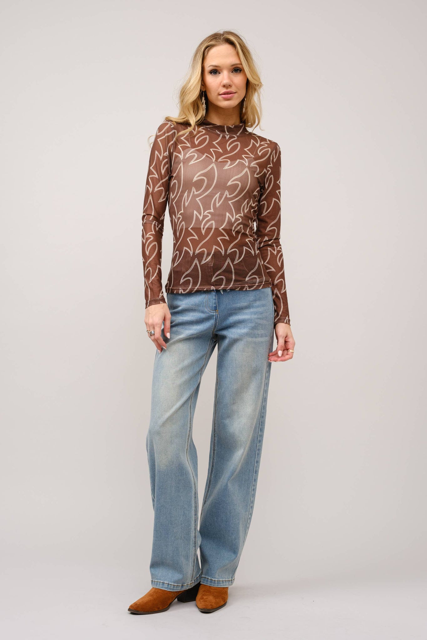 36349T - Boots Stitch Throughout Mesh Mock Neck Fitted Top