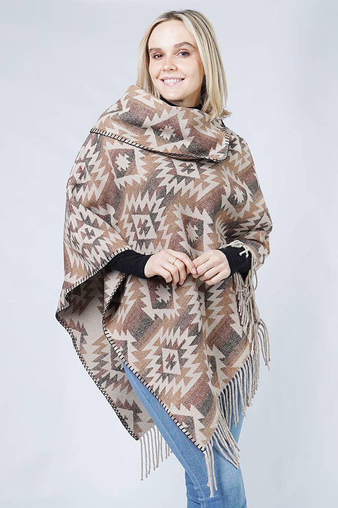 Western Pattern Tassel Poncho: Black