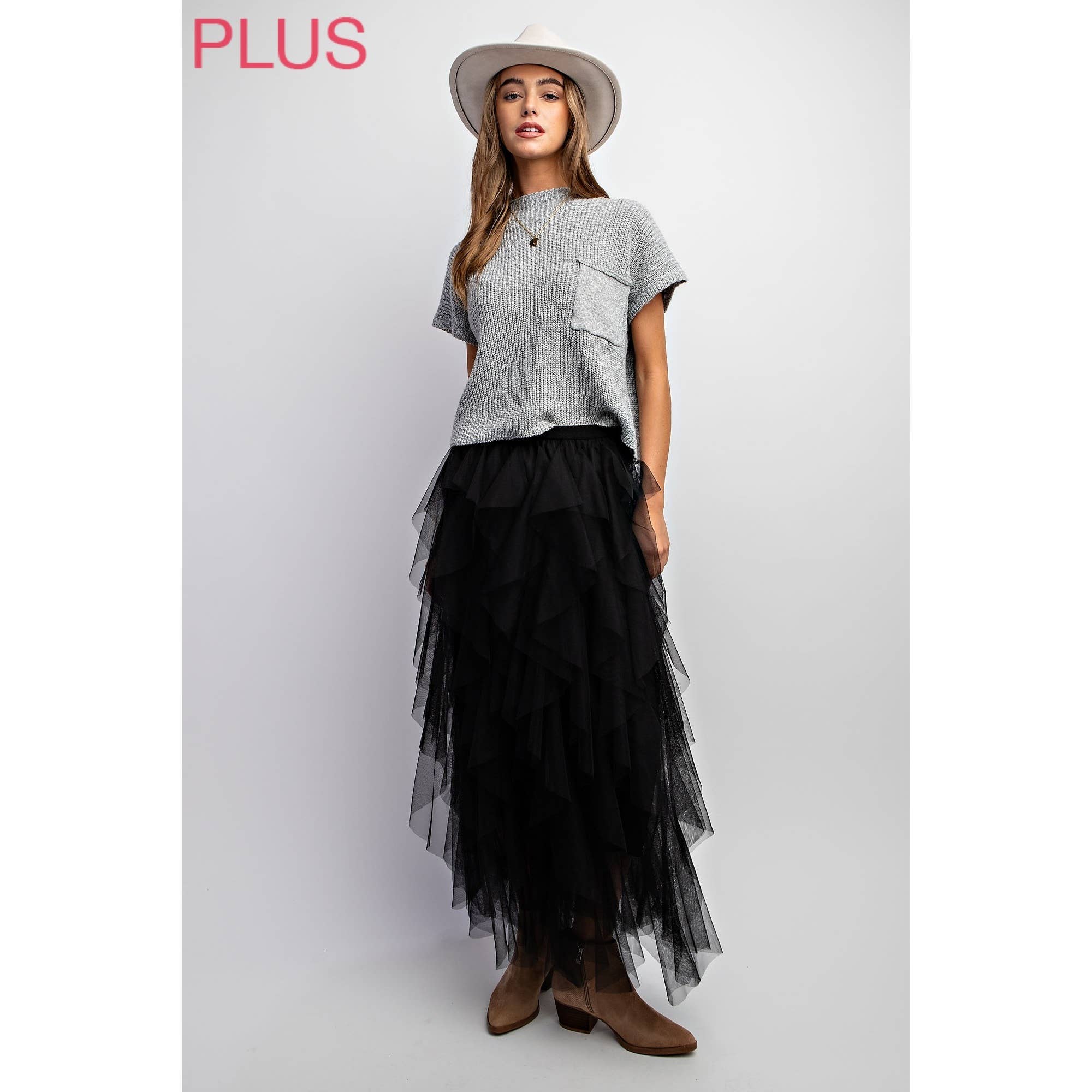 PLUS CASCADING TULLE MESH LAYERED MAX SKIRT: Black