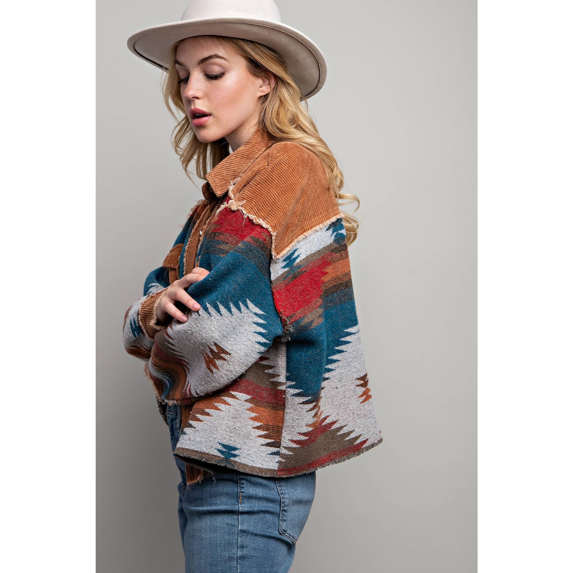 TRIBAL AZTEC PATTERN COLORBLOCK BUTTON DOWN SHIRT JACKET: