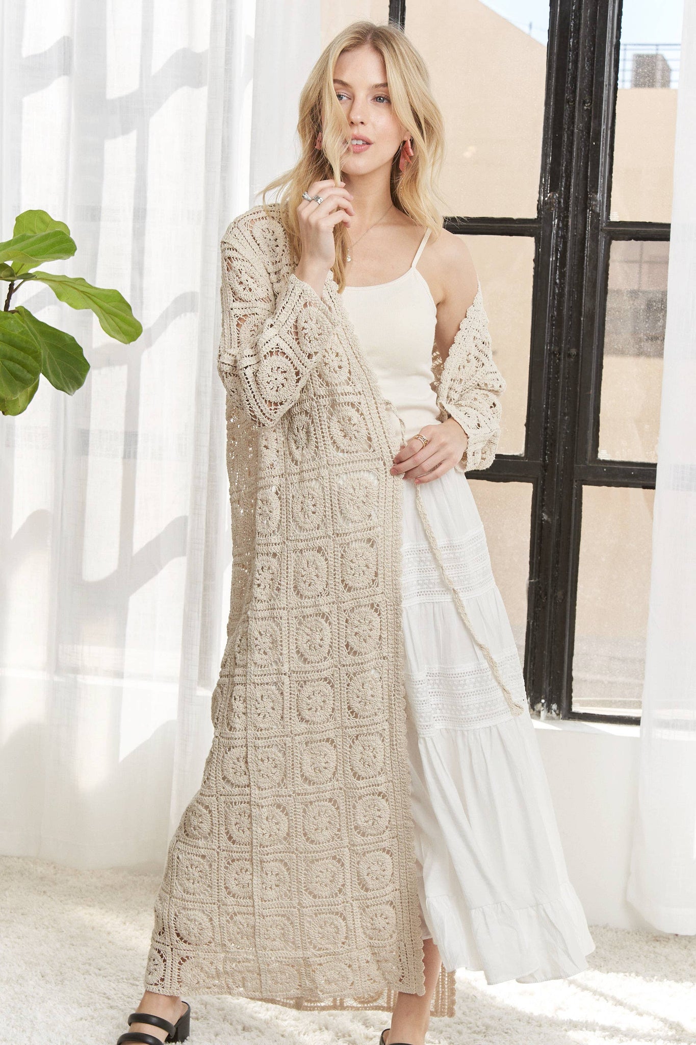 CESW3831- LONG SLEEVES CROCHET ELASTIC CARDIGAN: BEIGE