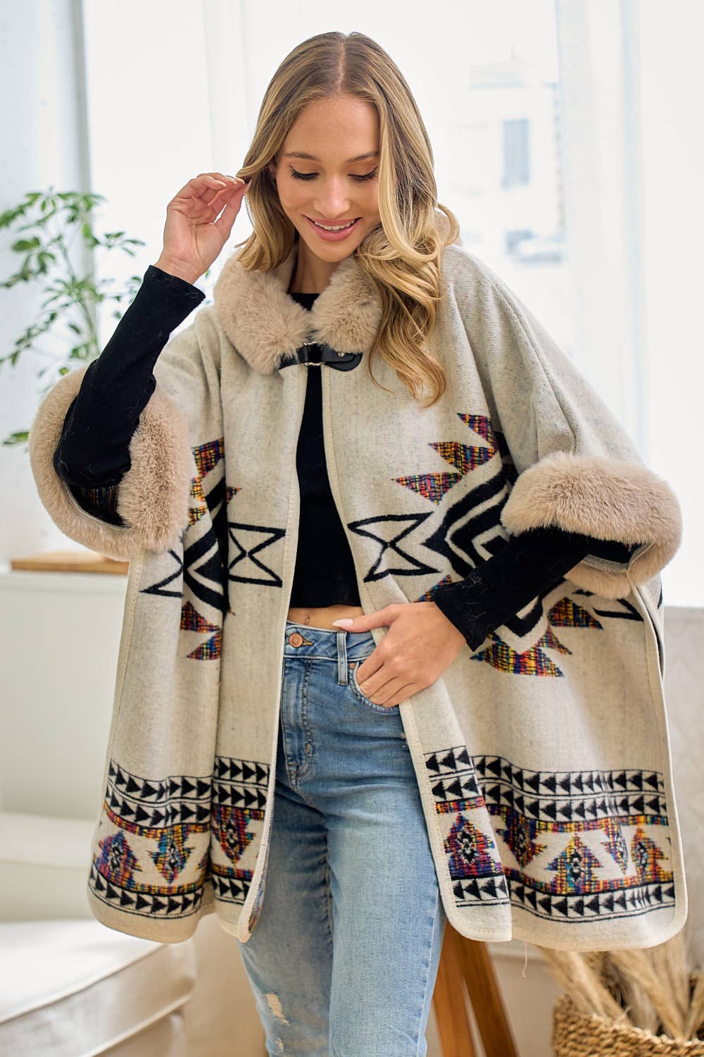 Rainbow Multi Diamond Faux Fur Hooded Poncho: TAUPE MULTI