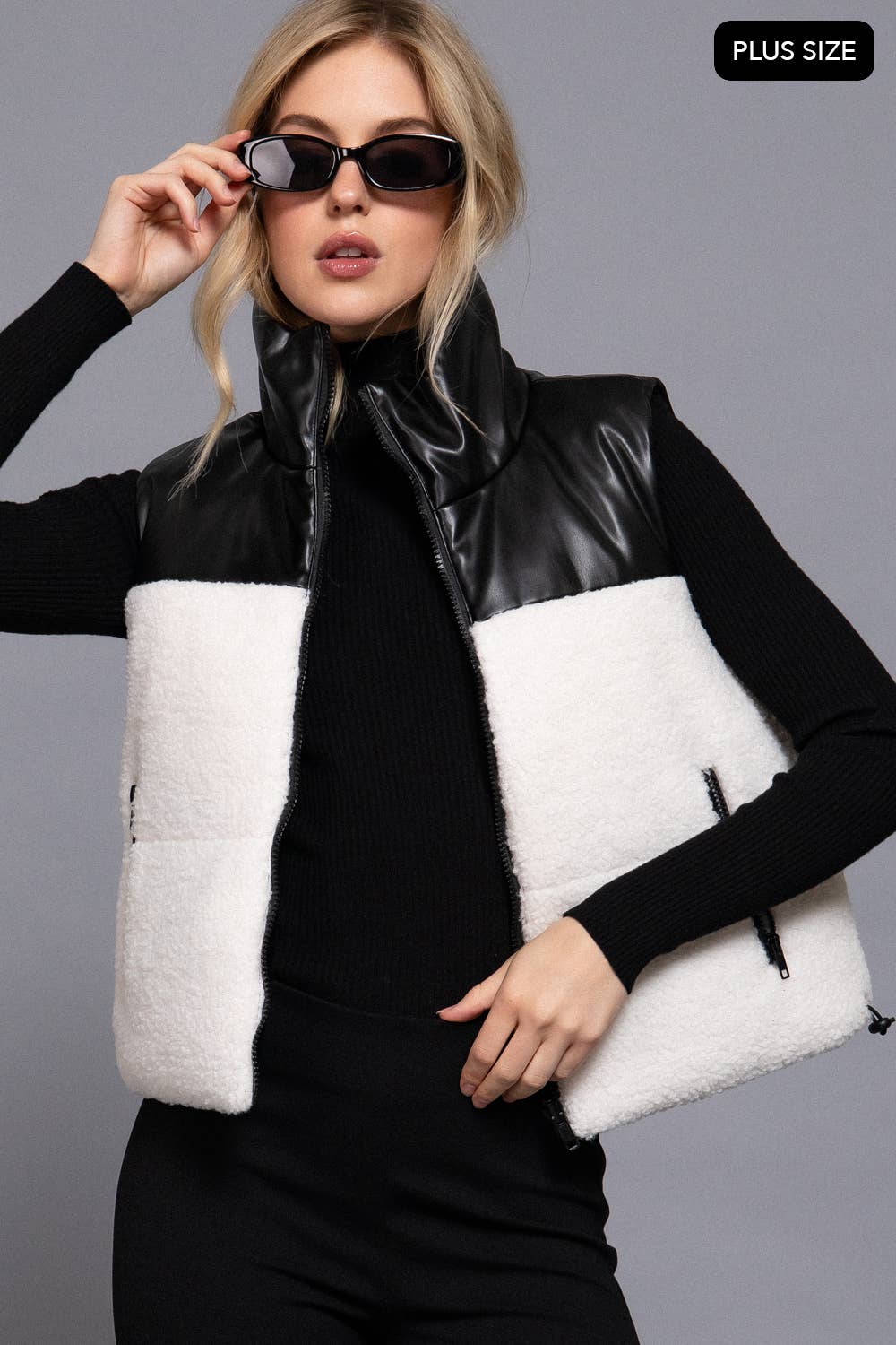 [PLUS SIZE] Reversible Faux Leather-Sherpa Padding Crop Vest: BLK