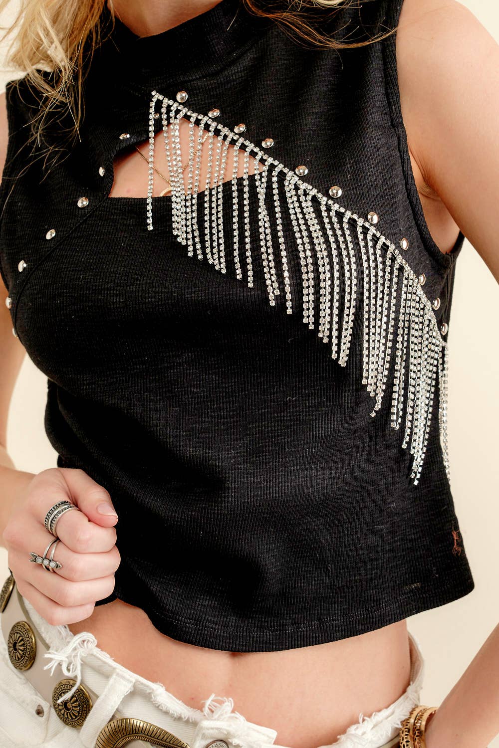 22611T - Studded Rhinestone Crop Top: BLACK