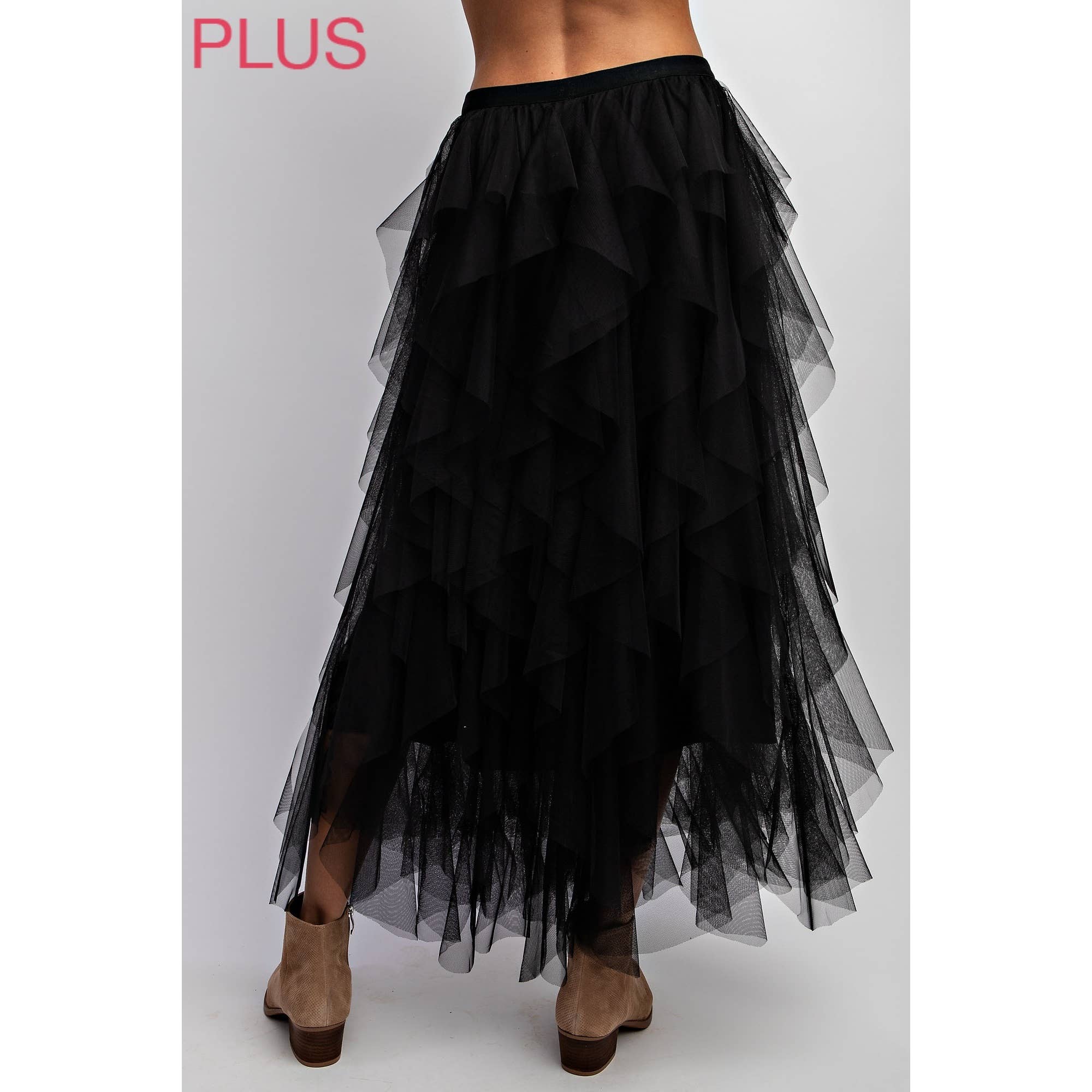 PLUS CASCADING TULLE MESH LAYERED MAX SKIRT: Black