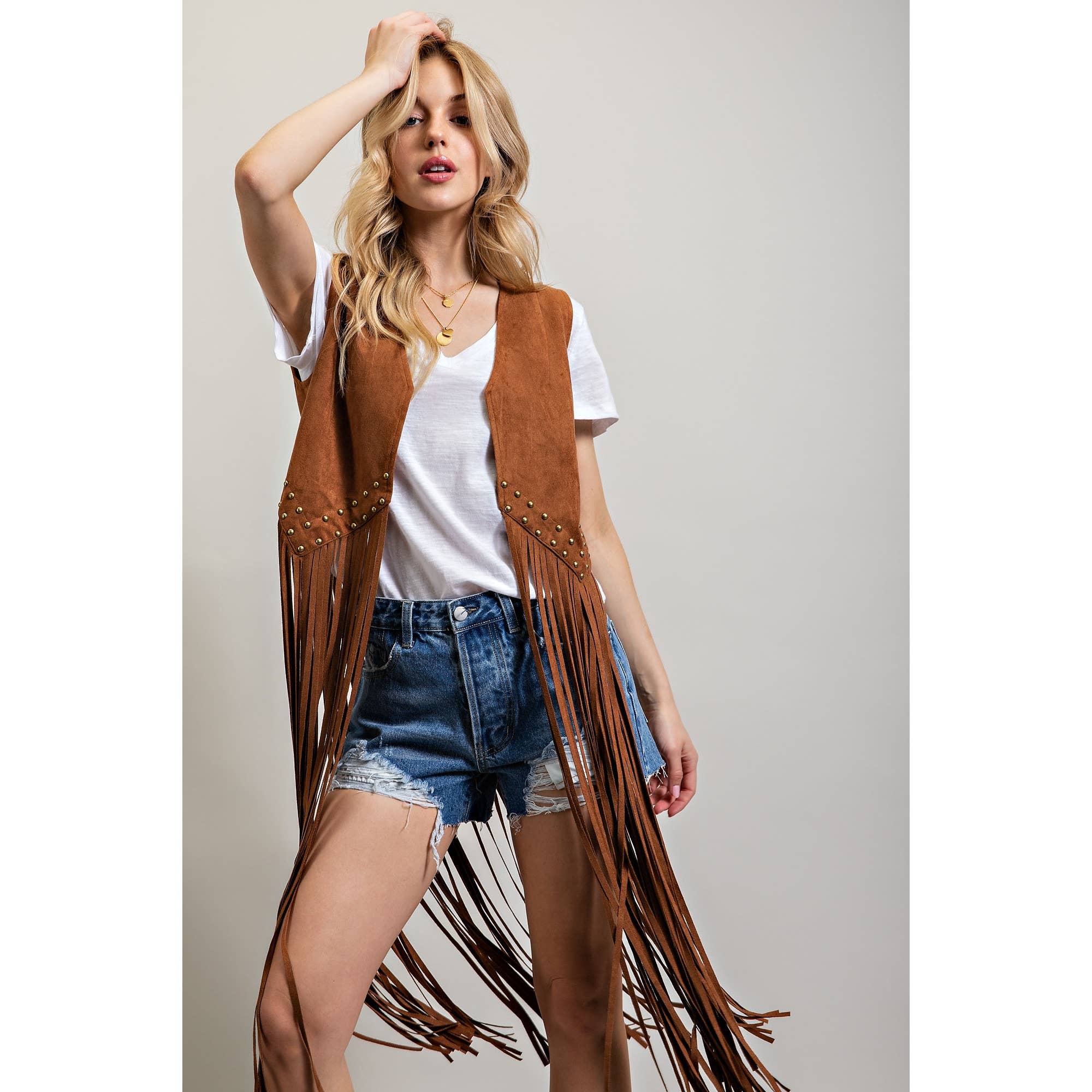 SUEDE STUDDED DETAIL FRINGE HEM VEST